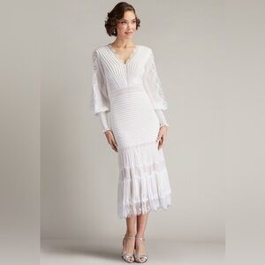 new Tadashi Shoji Nyssa bishop sleeve lace detailed midi dress in white petal